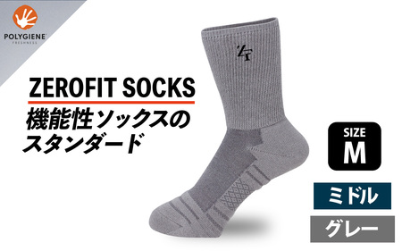 ゼロフィット スポーツソックス ミドル グレー Mサイズ／スポーツ ゴルフ 高機能 ポリウレタン 吸汗 速乾 通気性 抗菌 防臭 むくみケア フィット感 登山 ランニング