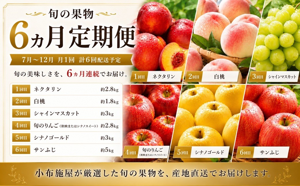 
                  【6回定期便】小布施屋のフルーツ定期便　6ヵ月コース ［小布施屋］ 定期便 頒布会 フルーツ 果物 令和8年産 【2026年7月～12月発送】 ［J-3］
                