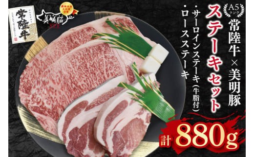 
                  【常陸牛 A5ランク・美明豚ステーキセット】常陸牛サーロインステーキ600g（300g×２枚）＋美明豚ロースステーキ280g（140g×２枚）冷凍 和牛 牛肉 豚肉 ブランド豚 食べ比べ ステーキ お取り寄せ 肉の加治 茨城県 水戸市（EK-20）
                