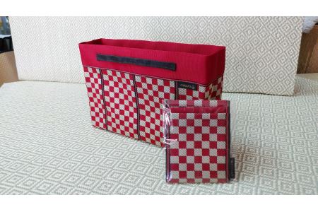 SA2731　【畳の縁で制作】バッグインバッグと名刺・カードケース　市松(赤) 