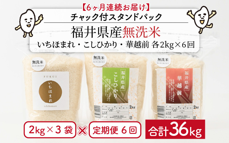 
            【令和6年産・新米】 定期便 ≪6ヶ月連続お届け≫ 福井産無洗米 いちほまれ こしひかり 華越前 各2kg × 6回 計36kg 【 無洗米 人気 品種 ブランド米 特A 】 [L-6102]
          