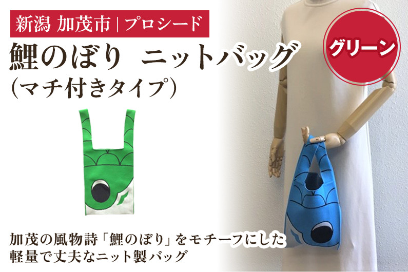 
            鯉のぼり ニットバッグ（マチ付きタイプ）【グリーン】《タテ42×ヨコ20×マチ7（㎝ ） ※持ち手込み》 ニット バッグ 水洗い可能 丈夫で軽量なバッグ 加茂市 プロシード
          