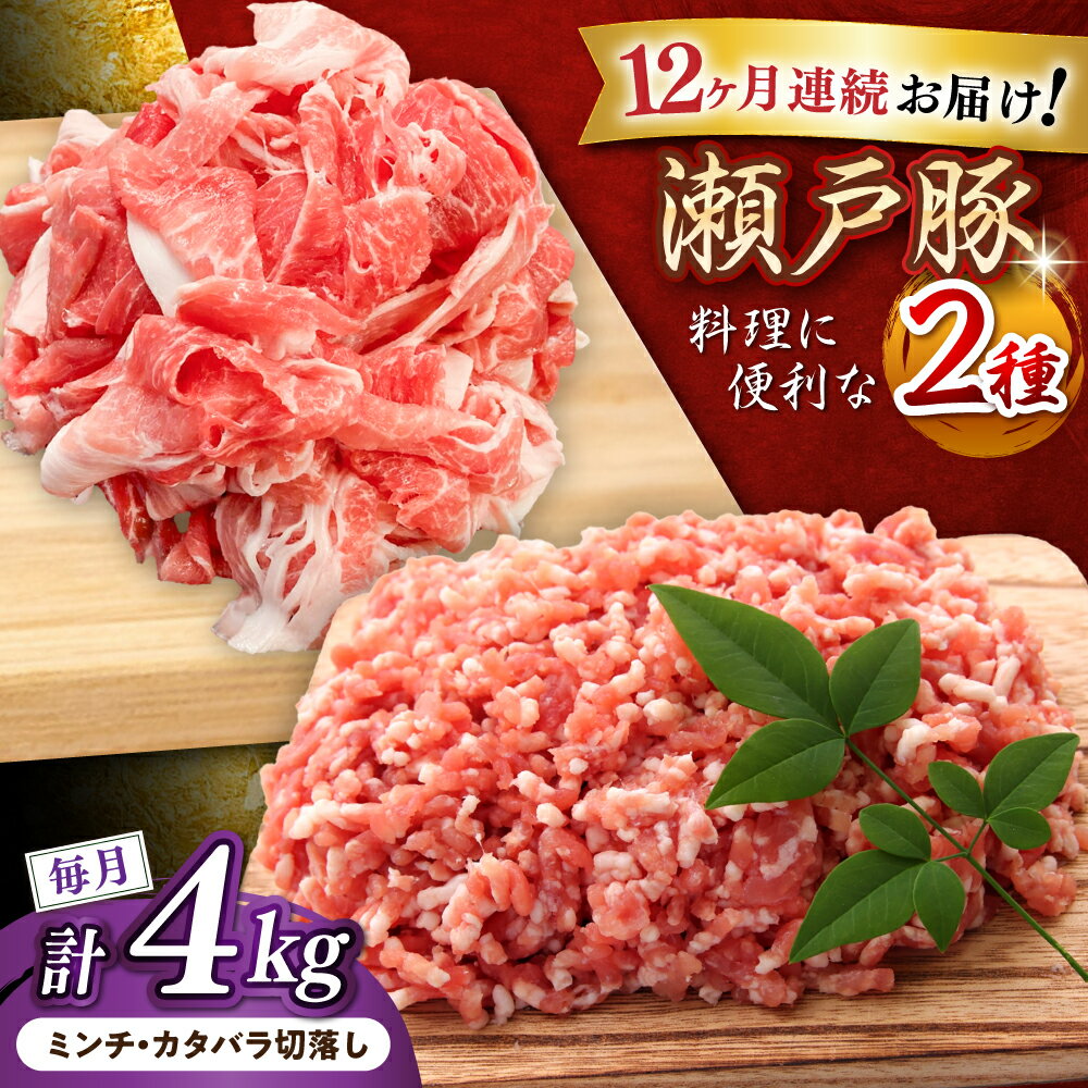 【ふるさと納税】【全12回定期便】瀬戸豚2種セット(ミンチ＋カタバラ切落し) 計4kg / 豚肉 小分け ミンチ 切り落とし / 瀬戸市 / 関屋精肉店[BBBQ194]