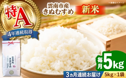 お米【全3回定期便】【新米】雲南市産きぬむすめ 5kg ｜米 こめ おこめ はくまい 白米 ライス 精米 コメ 得A 5キロ 使いやすい ごはん ご飯 おにぎり お弁当 朝ごはん 便利 朝食 食卓 主食 グルメ おいしい つや あっさり 飽きない もっちり 食感 国産 新生活 一人暮らし 家族 ご当地 ごはんソムリエ おすすめ 人気 定期便島根県雲南市/有限会社藤本米穀店 [AIDB102]