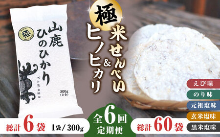【6回定期便】【極み】米せんべい（えび味、のり味、元祖塩味、玄米塩味、黒米塩味） &amp; ヒノヒカリ【せんべい工房】[ZBQ012]