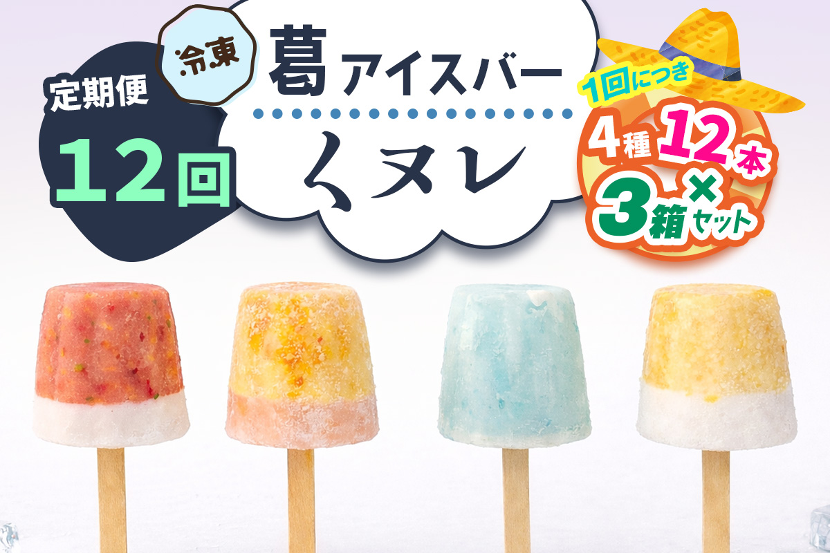 [定期便／12ヶ月] 葛アイスバー くヌレ 3箱セット 計432本 (4種12本×3箱×12回) [冷凍]｜溶けないアイス 葛バー 葛キャンディ  くず ギフト インスタ映え [3276]