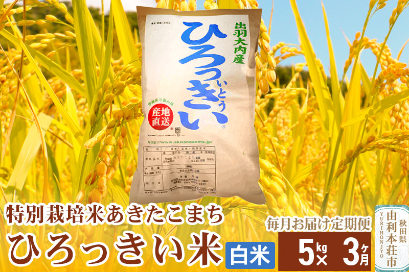 《定期便3ヶ月》【白米】 秋田県産 あきたこまち 5kg 令和6年産 特別栽培米 ひろっきい米