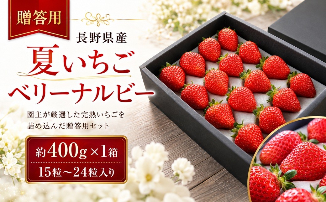 
                  いちご 夏イチゴ 【 贈答用 】長野県産 夏いちご ベリーナルビー 1箱 約400g 15～24粒入り | フルーツ くだもの 苺 夏 いちご 完熟 化粧箱 ベリーナ 伊那市 長野県 信州 【010-c6】
                