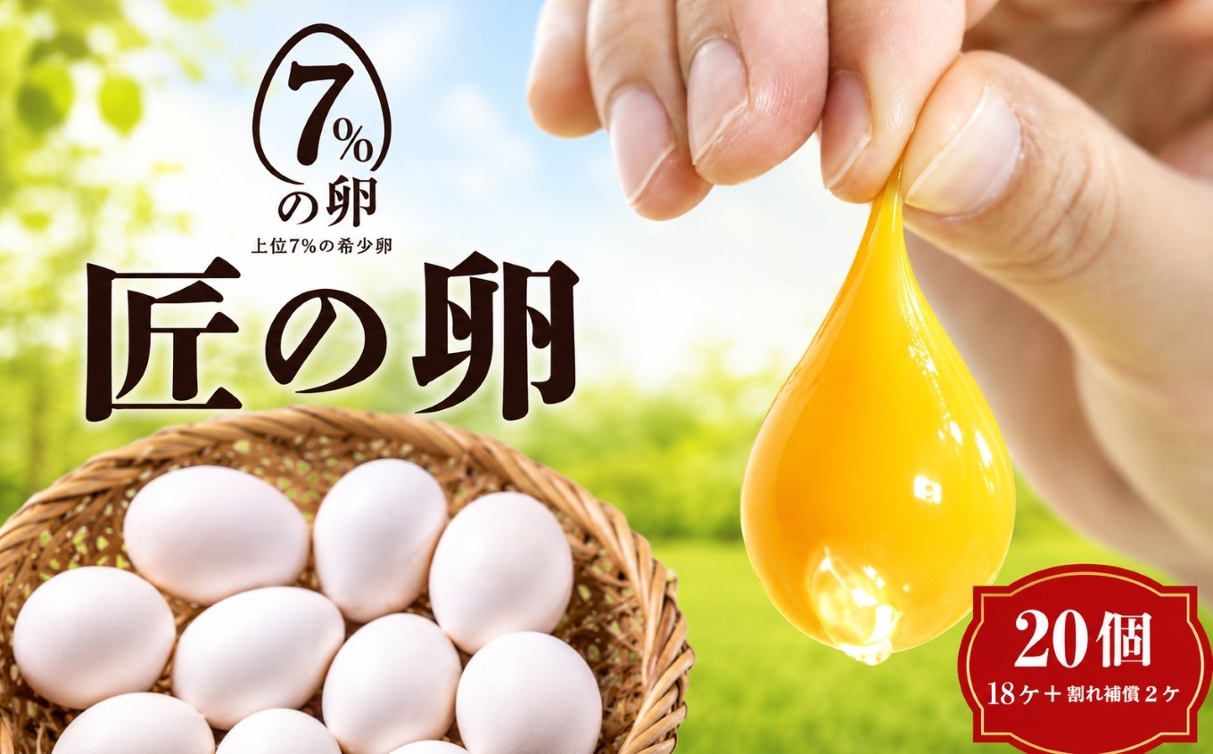 
                  【定期便3ヶ月】匠の卵 20個(割れ玉補償２個）7％の卵｜たまご　卵　玉子　鶏卵　生卵　プレミアム　優秀賞　愛知県　美浜町　国産　産直　卵黄　卵かけご飯
                