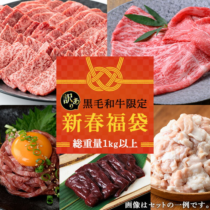 【ふるさと納税】【訳あり】黒毛和牛限定！ 新春福袋(総重量1kg以上！) 鹿児島県産 牛肉 肉 黒毛和牛 焼肉 スライス ステーキ 国産 ホルモン 福袋 肉袋 冷凍 セット キャンプ BBQ 食べ比べ【カミチク】