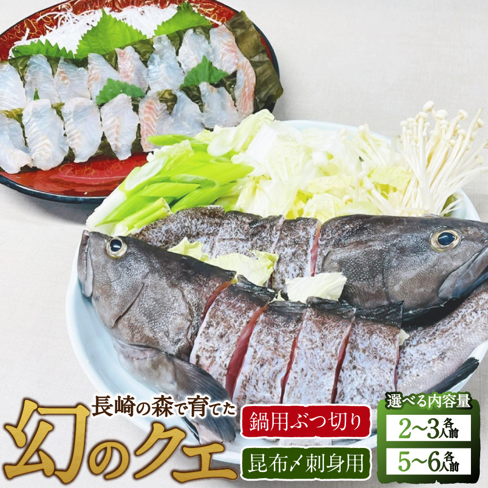 【ふるさと納税】＜選べる内容量＞長崎の森で育てた『幻のクエ』 昆布〆刺身用・鍋用ぶつ切りセット 頭・骨付き 各2〜3人前【ハーフセット】 / 各5〜6人前 くえ 高級魚 海鮮 海産物 魚介類 冷蔵 長崎県 長崎市 送料無料