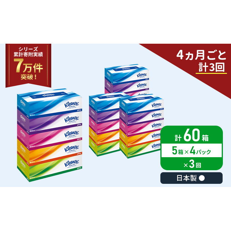 定期便 ティッシュ クリネックス 5箱入 × 4パック 《 4ヶ月ごと計  3回》 ティッシュ セット
