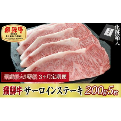 【ふるさと納税】【毎月定期便】化粧箱入 最高級A5等級 飛騨牛 サーロインステーキ 200g×5枚　全3回【配送不可地域：離島】【4053806】