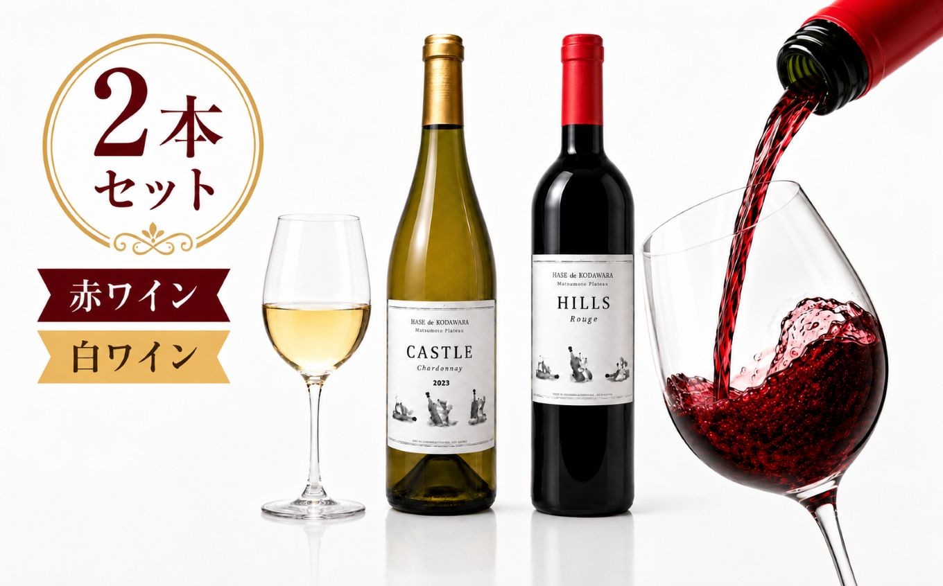 
                  松本市産ぶどう100％使用 赤白ワイン2本セット HILLS Merlot・CASTLE Chardonnay 750ml×各1本 ｜ ワイン お酒 飲み比べ 信州 赤ワイン 白ワイン ぶどう 長野県 松本市
                