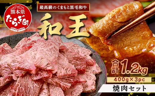 【5月発送】くまもと黒毛和牛(和王) 焼肉 セット 1.2kg(400g×3) ブランド牛 肉 焼き肉 やきにく BBQ アウトドア 牛肉 大容量 小分け 冷凍 精肉 国産 牛 プレミアム品質 122-0512-05