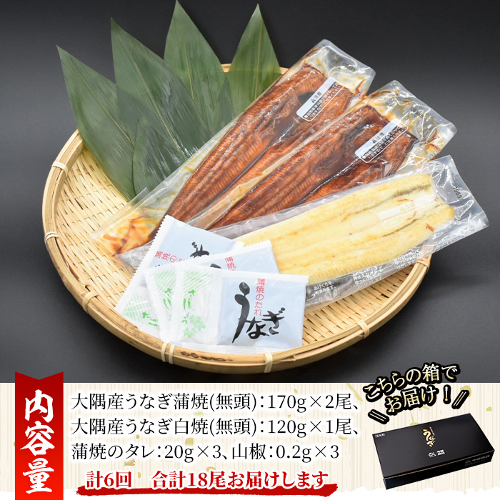  【定期便６回】大隅特産うなぎ蒲焼 2尾（340ｇ）・白焼１尾（120ｇ）食べ比べセット