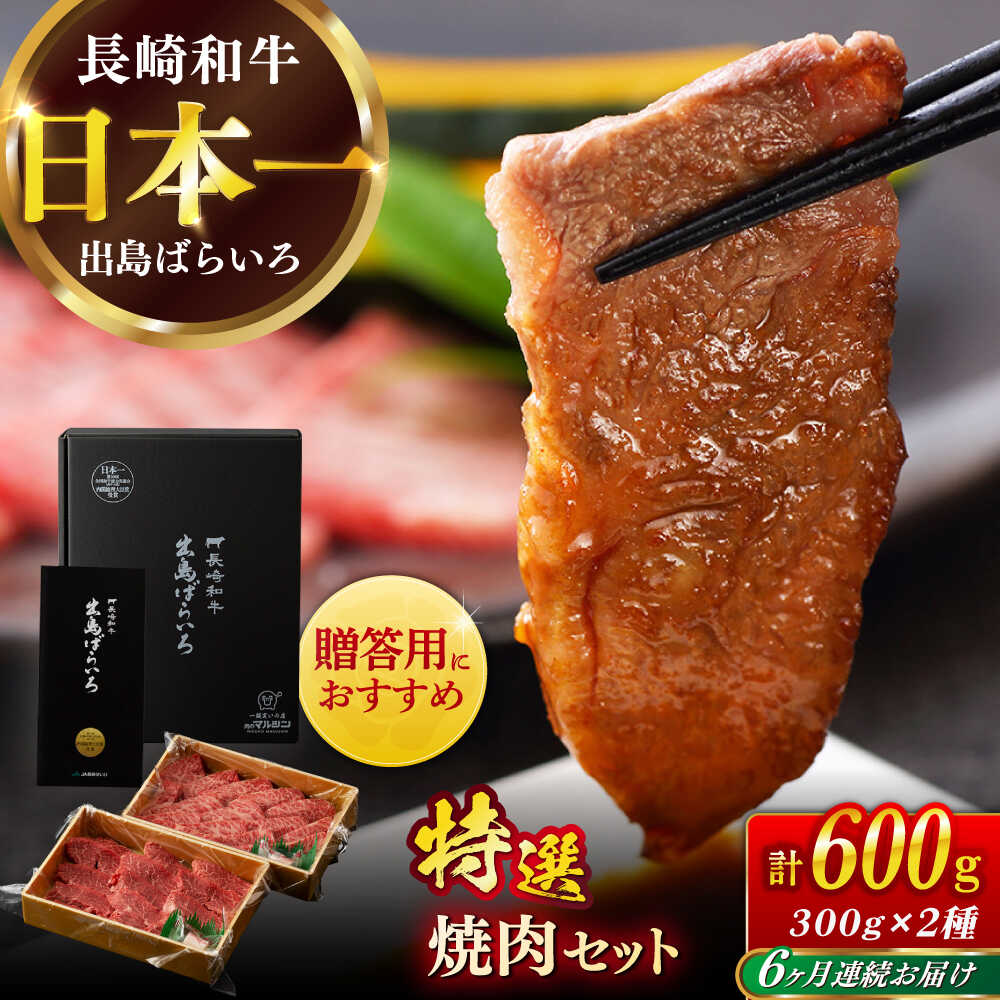 【ふるさと納税】【全6回定期便】【日本一の和牛】長崎和牛 出島ばらいろ 特選焼肉 セット （ロース カルビ カタロース モモ のいずれか2種類）約300g×2 【合同会社　肉のマルシン】[RCI047]