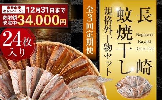 【期間限定！～12月31日まで寄附額改定中】【全3回定期便】24枚入り「長崎蚊焼干し」規格外干物セット ／ 訳あり わけあり 不揃い 小さめ あじ さば かます ひらあじ ご飯のお供 魚介 海の幸 蚊焼干し 秘伝のねかせダレ ベアーフーズ水産食品センター 長崎県