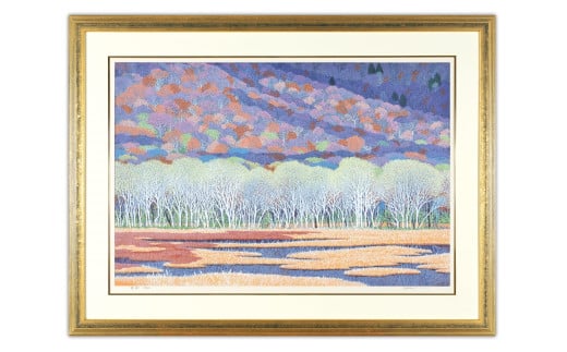 【ふるさと納税】版画 小暮真望作品 ＜萌樹＞ 燻金額 | 額付 小川手漉和紙 日本版画会 芸術 美術 風景 自然 バージョン 美しい ギャラリー アーティスト アート ART 芸術 デザイン インテリア 限定版 芸術品 オリジナル 群馬県 尾瀬ケ原