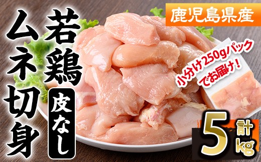 鹿児島県産若鶏皮無ムネ切身(計5kg・250g×20P) 鹿児島県 若鶏 鶏肉 【株式会社羽根】A1093