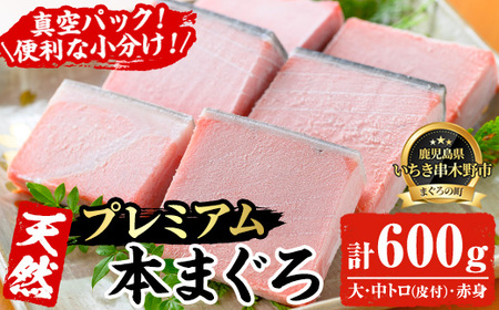 天然! 本マグロ 真空冷凍 大トロ 100g×2 中トロ 100g×2 赤身 100g×2 合計600g プレミアムな本まぐろのフルセット! 刺身 便利な 小分けでお届け! 【海鮮まぐろ家】【C-198H】