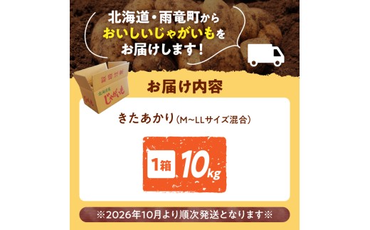 【先行予約】2026年9月下旬発送 北海道産 じゃがいも きたあかり 10kg 別名「栗じゃが」 甘くておいしい ジャガイモ 芋 いも 秋野菜 季節の野菜 直送農場 北海道雨竜町産 サイズ混同 野菜 U012-0002