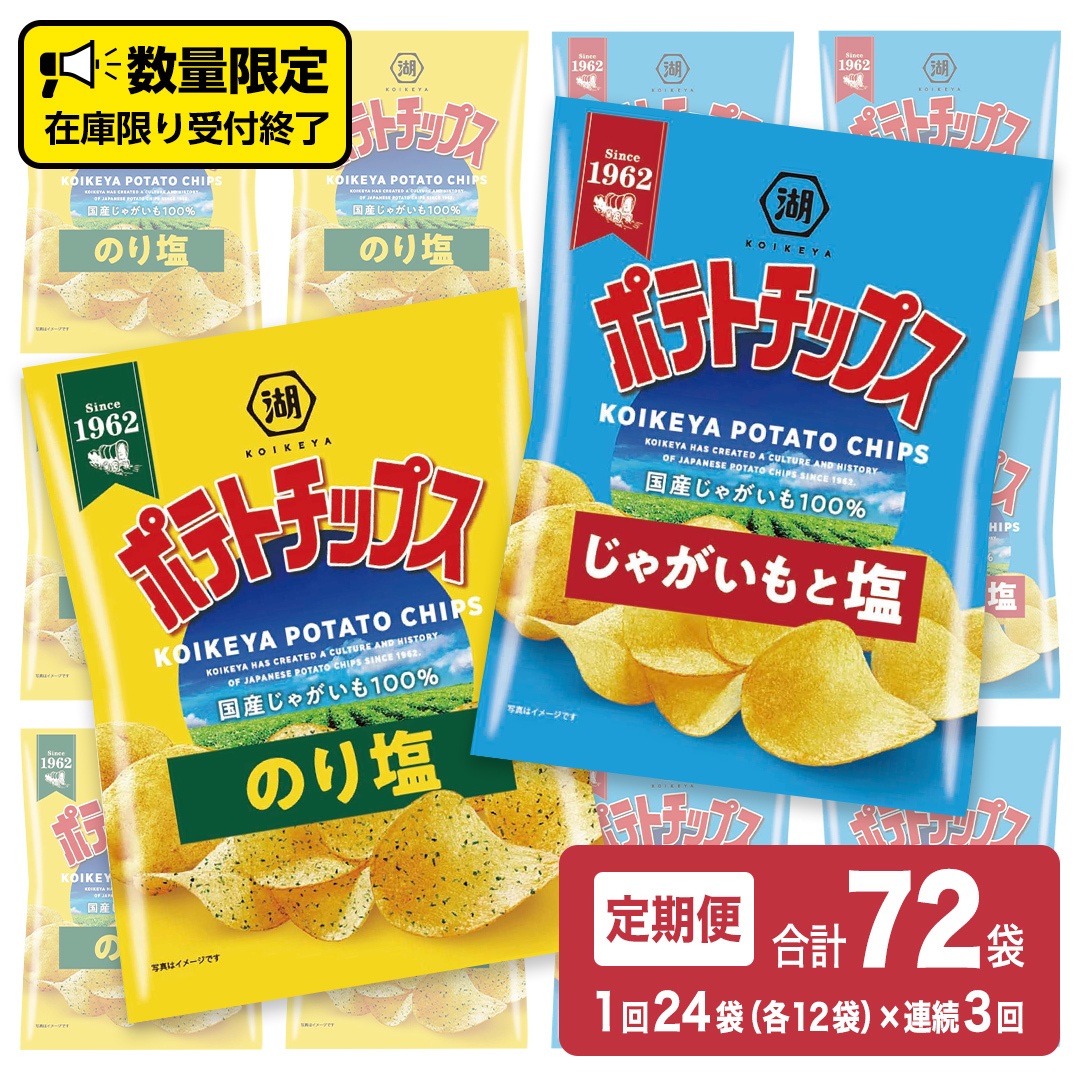 【 湖池屋 3ヶ月 定期便 】 湖池屋 ポテトチップス 2種類アソート （のり塩・じゃがいもと塩）（各12袋・計24袋 ×３回） ポテチ お菓子 おかし 大量 スナック おつまみ ジャガイモ じゃがい