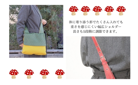 どくきのこバッグ レザー×帆布 ショルダーバッグ 日本製 ファッション カバン 小物 キノコ好き キノコモチーフ かわいい ユニーク  オレンジ/モスグリーン
