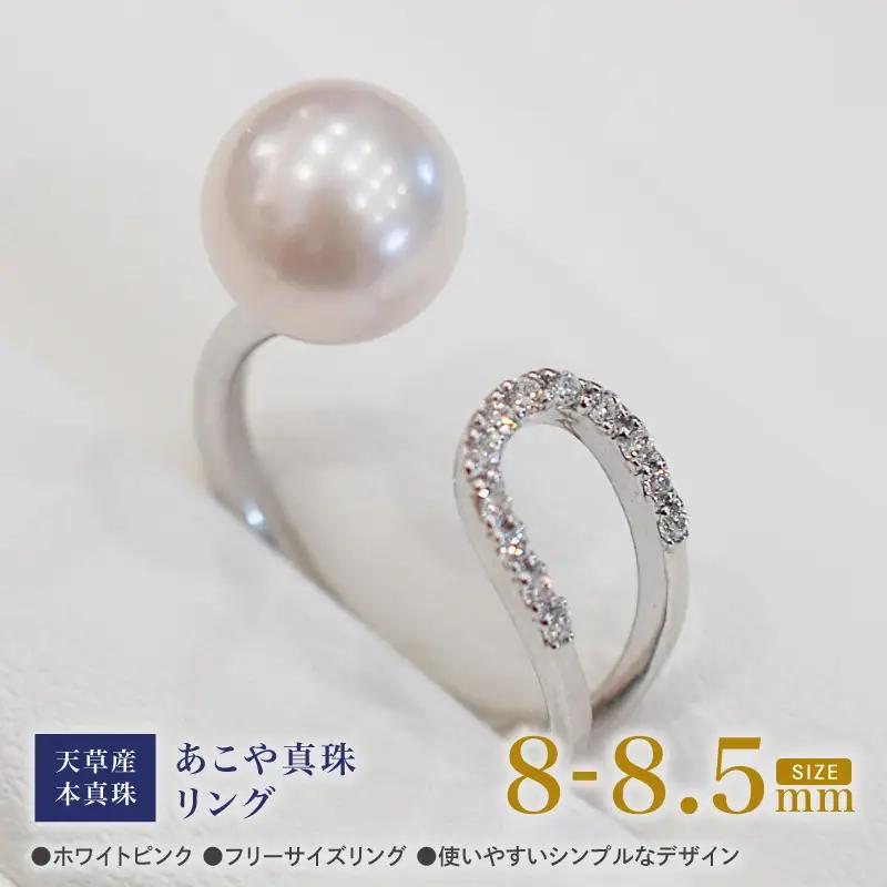 S101-378_あこや真珠 ホワイトピンク 8mm - 8.5mm 1粒 フリーサイズ リング SV シルバー 真珠 ジルコニア