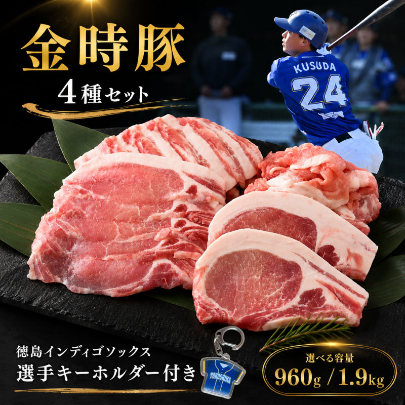【ふるさと納税】 徳島 インディゴソックス グッズ セット 金時豚 豚肉 4種セット 960g 1.9kg 切り落とし ロース とんかつ バラ ロース 焼肉 小分け カレー BBQ アウトドア おかず おつまみ 惣菜 弁当 日用 ギフト 贈答 プレゼント お取り寄せ グルメ 送料無料 徳島県 阿波市