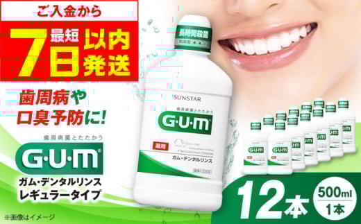 【最短7日以内発送】G・U・M ガム・デンタルリンス　＜レギュラータイプ＞500mL×12本 歯磨き はみがき 歯ブラシ 歯磨き粉 マウスウォッシュ うがい デンタルケア オーラルケア 歯周病 虫歯 口臭 大容量 ボトル 大阪府高槻市/サンスター[AOAD009]