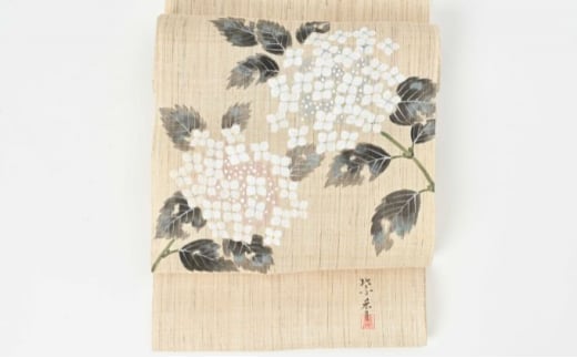 名古屋帯　麻　紫陽花柄　お仕立て上がり　お単衣　絽　紗に　あじさい [№5275-0297]