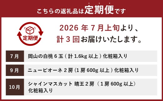 【3回定期便】岡山県産 フルーツ定期便コース （白桃 ・ ニューピオーネ ・ 晴王） 【2026年7月上旬発送開始】 ／ 3回 桃 もも 葡萄 ぶどう シャインマスカット マスカット 果物 果実 フル