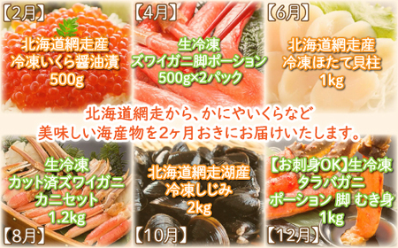 【定期便】全6回（2ヶ月おき）かに、いくら、ほたて、しじみ 海産物満喫セット（網走加工） ABE019 