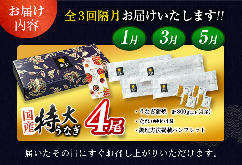 【1月5日受付終了】＜数量限定＞特大 うなぎ 定期便 国産 鰻 蒲焼 4尾セット 全3回 隔月定期便（2026年1月 3月 5月お届け）1尾約200g!! 合計2.4kg以上 魚介 贈答品 ギフト ウ