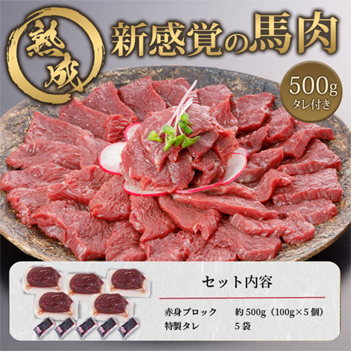 【出荷月指定あり】馬肉 赤身 500g 特許製法 氷温熟成 低温調理 加熱済 馬赤身 赤身肉 新感覚 焼いたらもっと美味しい 旨みたっぷり 小分け 専用醤油 タレ付 真空パック 熊本 阿蘇 小国町