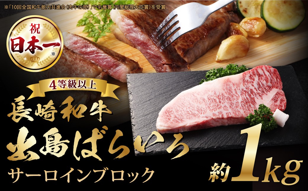 
            長崎和牛「出島ばらいろ」【4等級以上】サーロインブロック 1kg ／ 国産 和牛 牛 肉 お肉 ステーキ 焼肉 焼き肉 長崎県 長崎市
          