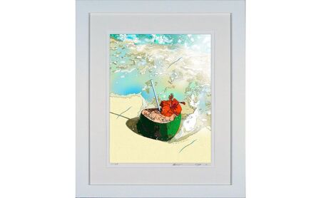 版画 鈴木英人版画 「ハイビスカスとココナッツ」 フレーム付き 絵画 アート 絵 芸術 インテリア サイン入り ハイビスカス ココナッツ 逗子市 神奈川県