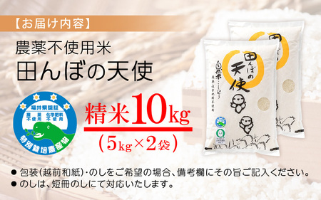 【中日賞受賞】農薬不使用 特別栽培米コシヒカリ10kg（5kg×2）【精米】福井県認証区分1取得「田んぼの天使」 [e10-d005]