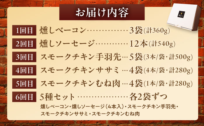 【全6回定期便】月替わり 燻製定期便  / ベーコン ソーセージ 手羽先 ササミ むね肉 / 瀬戸市 /天佑 [BBBZ037]
