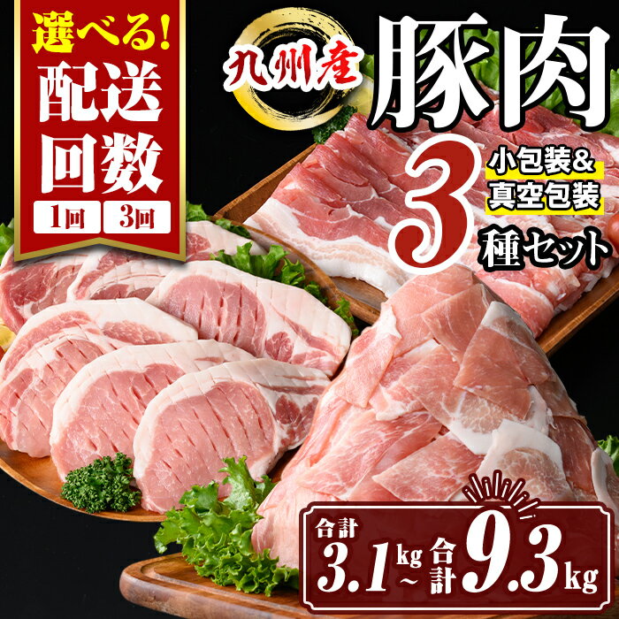 【ふるさと納税】〈選べる配送回数〉小分け・真空パック！九州産豚肉3種セット (合計3.1kg(1回) or 合計9.3kg(3回)) バラスライス ロース とんかつ 生姜焼き 真空包装 真空パック 小分け ぶたにく 豚 肉 詰合せ 詰め合わせ 食べ比べ 冷凍 【サンキョーミート株式会社】
