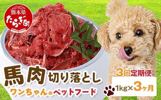 【定期便3回】ペット用 熊本加工 馬肉 切り落とし【 1kg ×3回配送 】 合計 3キロ ドッグ フード 無添加 無香料 ヘルシー 高栄養 馬刺し 冷凍 お肉専門店 熊本県 国内加工 041-0502