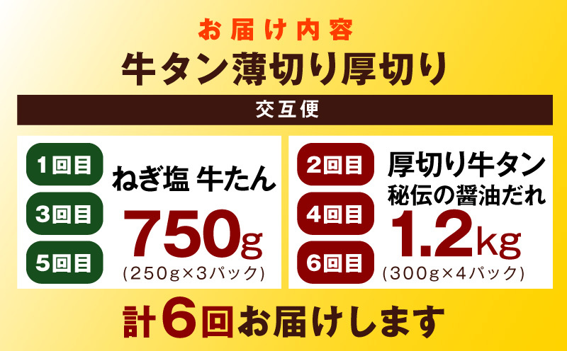 【定期便】牛タン薄切り厚切り交互便 全6回【牛タン 牛肉 焼肉用 薄切り 厚切り 焼肉 BBQ 訳あり サイズ不揃い 毎月配送コース】 099Z476_イメージ5