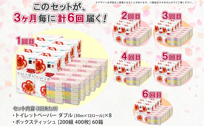定期便 3ヵ月毎 全6回 北海道 花いっぱい トイレットペーパー 30ｍ 96ロール ダブル 花柄 ブライティアソフト ボックス ティッシュ 200組 60箱 ペーパー まとめ買い 防災 常備品 消耗