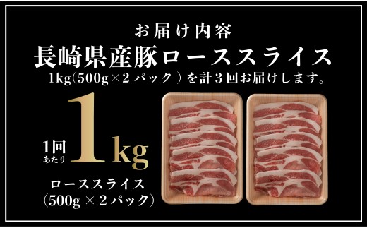 [B582］ 【3回定期便】 長崎県産 豚肉 ローススライス 計1kg (500g×2) 総計3kg 定期便 小分け 冷凍 豚肉 しゃぶしゃぶ すき焼き ぶたにく 国産豚 3回 定期便