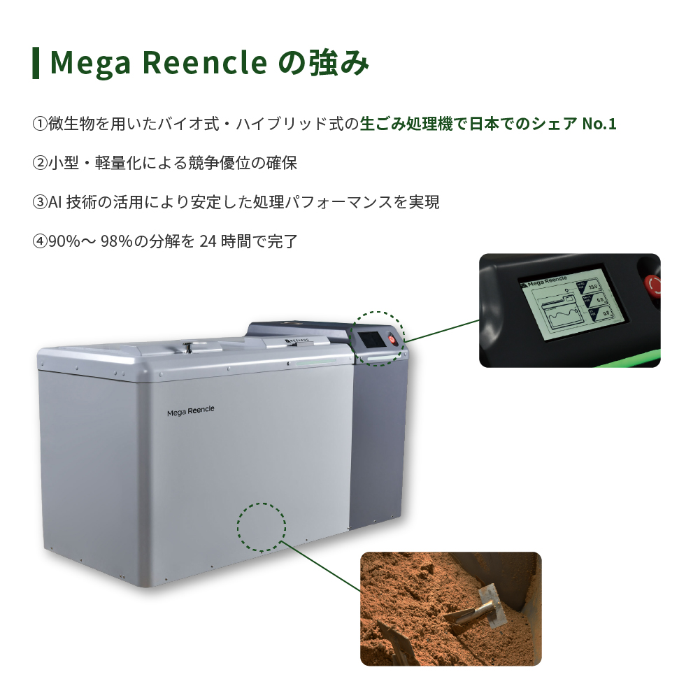 Mega Reencle 業務用 生ごみ処理機 1日の処理容量100kg ハイブリッド式(バイオ式×乾燥式)｜生ごみ処理機 生ゴミ処理機 業務用 ハイブリッド バイオ式 乾燥式 ディスポーザー コンポ