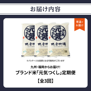 九州・福岡からお届け！ブランド米「元気つくし」定期便【全３回】★北海道・沖縄・離島配送不可★ 072-T069