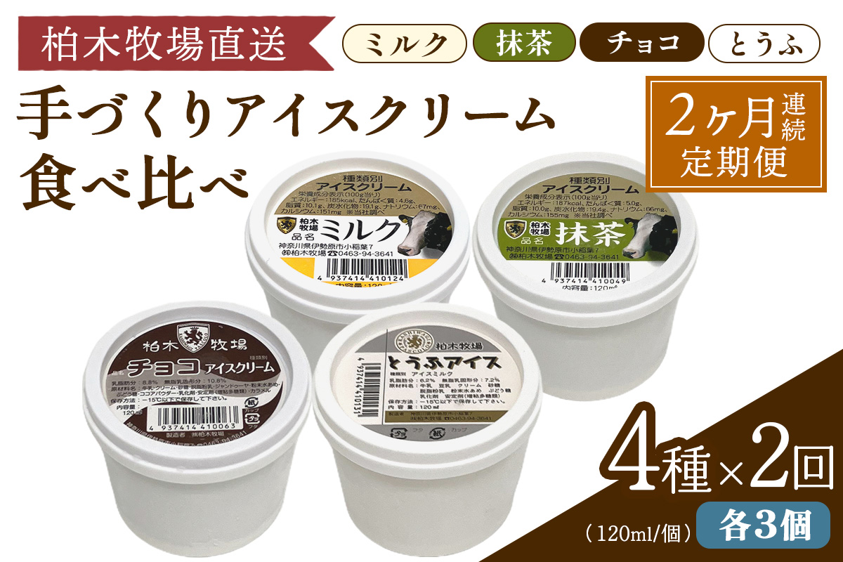 [定期便／2ヶ月連続] 柏木牧場 手づくりアイスクリーム食べ比べ 計24個 (4種 各3個セット×2回・120ml／個)｜伊勢原 贅沢素材 スイーツ ギフト 詰め合わせ 贈り物 プレゼント 人気 お取り寄せ [1251]