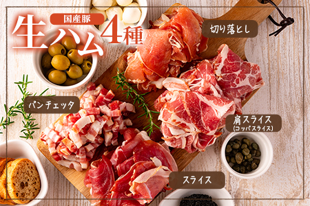 【年内発送】＜国産豚生ハムバラエティー4種セット(計900g)＞  豚肉 肉加工品 豚モモ 豚バラ 肩肉 スライス 切り落とし パンチェッタ 短冊 コッパスライス サラダ おつまみ 小分け お祝い プ