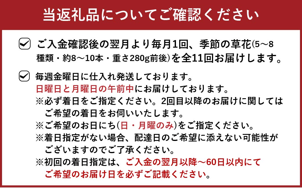 【定期便 11ヶ月】草花ノ定期便 Mサイズ 5〜8種類 約8〜10本